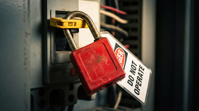 Lockout tagout device with red padlock and caution sign on an electrical panel. Safety procedure for electrician during repair and maintenance.