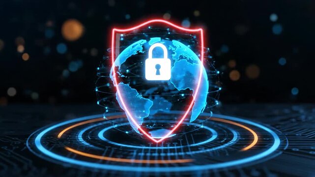 Futuristic digital security concept showing a glowing shield protecting a digital earth with a lock icon. Dark background with bokeh lights.