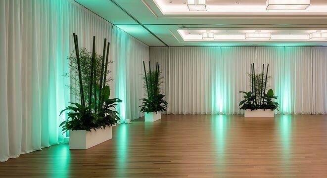 Elegant event space with white drapes and green uplighting creating a sophisticated ambiance for celebrations and gatherings