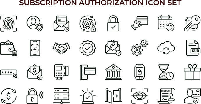 Subscription authorization outline icon set featuring identity verification security access approval authentication interface symbols for business applications
