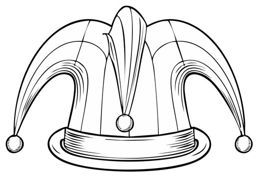 Classic jester hat or fool's cap with bells in a black and white line art drawing style