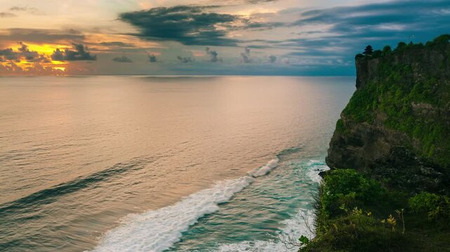 Bali, Indonesia, aerial view of Pura Luhur Uluwatu temple at sunrise.