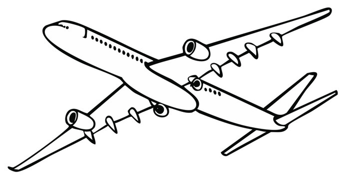 Airplane Illustration in Flight Aviation Passenger Jet Flying Transport Outline Graphics