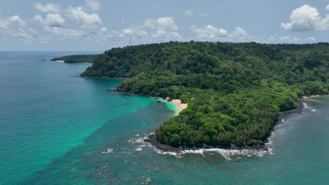 Tropical sand beach on S&atilde;o Tom&eacute; and Pr&iacute;ncipe, drone perspective