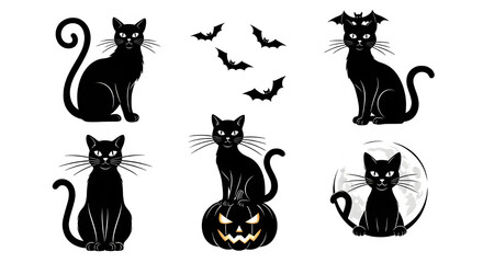 Seven black cats isolated on transparent background for halloween decorations and designs