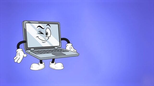 A sleek 3D animated grey laptop computer character showcasing a funny winking expression while happily dancing against a soft purple-violet gradient background. Perfect for tech startup promotional cl
