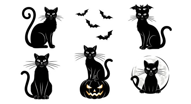 Seven black cats isolated on transparent background for halloween decorations and designs