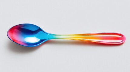 Naklejka premium Metallic rainbow spoon resting on white studio surface close up