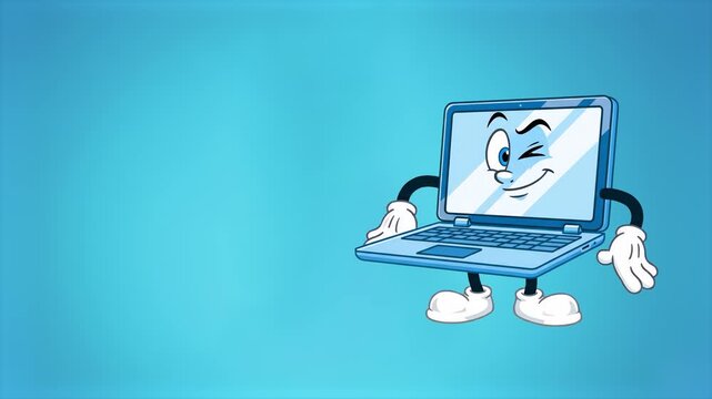 An adorable 3D stylized blue laptop computer mascot standing on its feet and doing an energetic dance with open hands against a bright cyan backdrop. Great graphic asset for IT support channels, compu