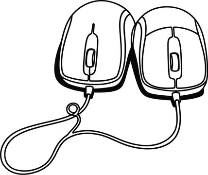 A simple black and white line art illustration of two computer mice connected by a single cable