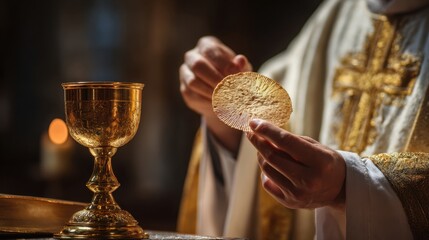 Obraz premium Cleric presenting eucharist wafer beside golden chalice altar