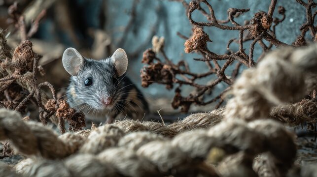 Field mouse peering among rope and dried twigs on floor in rustic setting