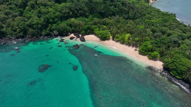 Tropical sand beach on S&atilde;o Tom&eacute; and Pr&iacute;ncipe, drone perspective