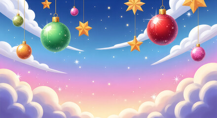 Fototapeta premium Christmas ornaments hanging from clouds in a vibrant holiday sky with snowflakes and stars celebrating the magic of christmas