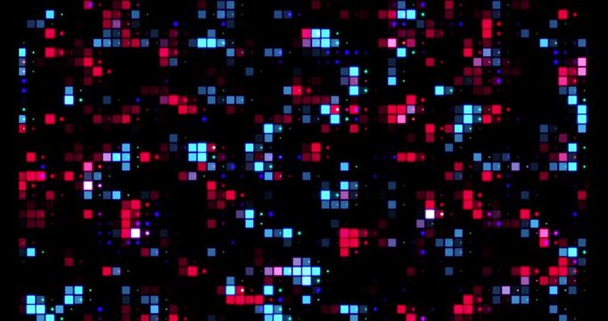 Dense grid of red and blue glowing squares and particles on black background, digital matrix, abstract data visualization, technology background