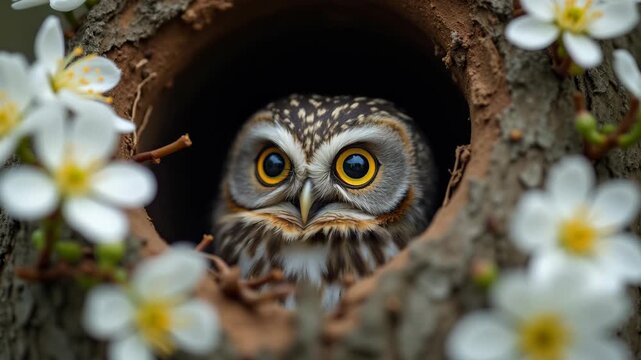 Small owl peeking from tree hollow with big yellow eyes, framed by delicate spring white blossoms 
