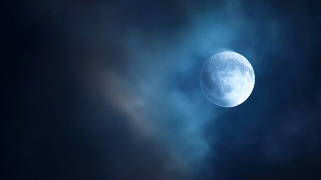 A supermoon shines in the night sky, with delicate clouds and cool blue tones, showcasing the details of the moon. Travel magazine.