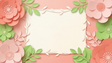 Fototapeta premium Paper cut floral frame with pink and green flowers. 3D papercraft border on pink background. Copy space for text