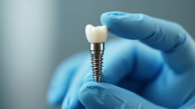 Person in a blue medical glove holding a miniature dental implant model, demonstrating a prosthetic tooth restoration 
