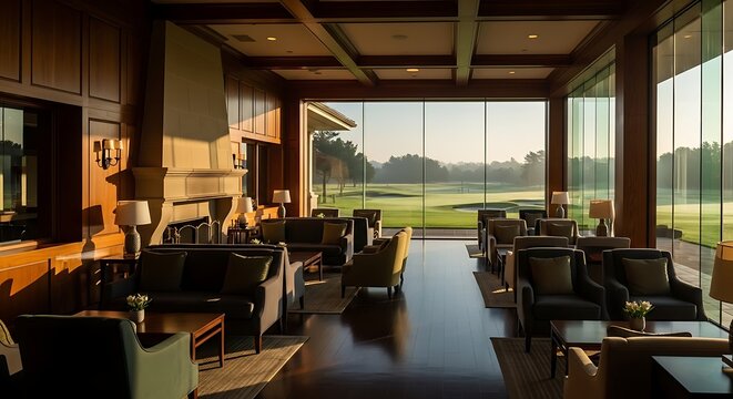 Luxury golf club lounge with panoramic window overlooking a serene golf course at sunrise