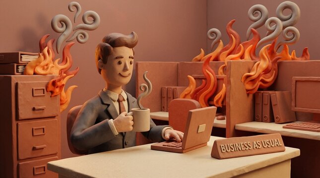Businessman drinking coffee in a burning office. Claymation character at a desk with business as usual sign during a fire. Workplace burnout and crisis management concept