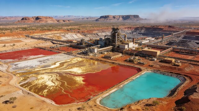 Aerial perspective of the Olympic Dam Mine, Australia, showcasing the industrial site and vibrant tailings ponds in the outback.
