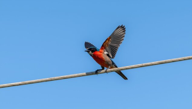 A red-breasted shrike flew away from a power line.
