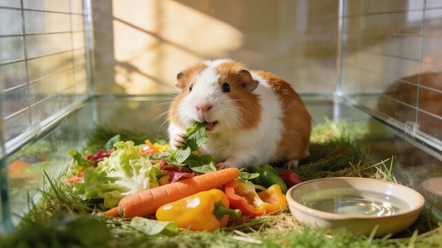 A pet guinea pig in a glass enclosure is consuming greens and veggies.
