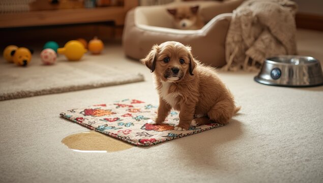 Adorable dog by damp underpad on the floor.