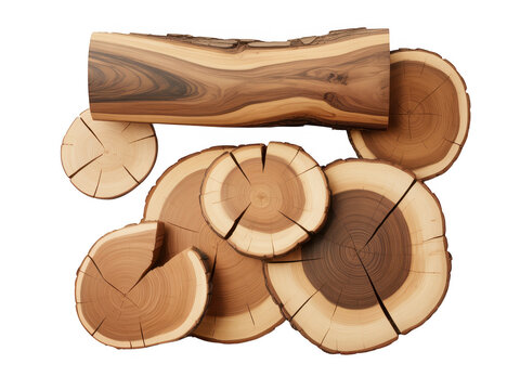 Various cracked wood slices and log broken isolated on a transparent background