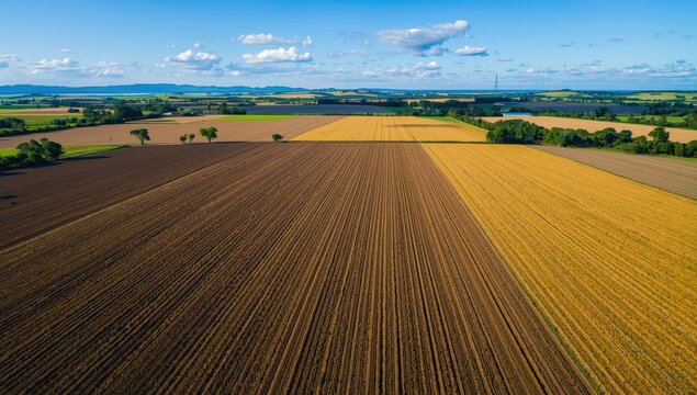 Bird's-eye perspective; Plowed rows ready for sugar cane planting in a field.