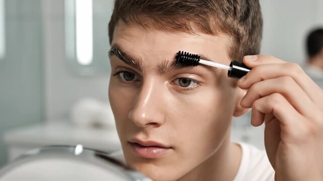 Man Enhances Eyebrows With Precision. Closeup Of Man Styling His Eyebrows Carefully. Male Individual Attentively Grooming Eyebrows Using Transparent Gel Under Natural Bathroom Lighting