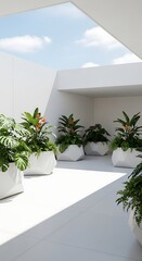 Fototapeta premium Modern white terrace with lush green potted plants and geometric planters under a bright blue sky with clouds