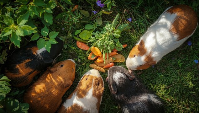 Ceiling view of guinea pigs feeding.