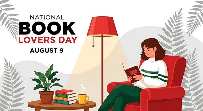Woman sitting in red armchair reading book on national book lovers day august 9 with cup of coffee and plant on side table