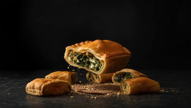 Classic Greek dishes. Spinach and feta pie on a dark backdrop. Elevated cuisine.