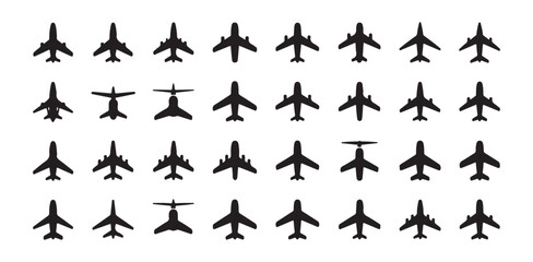 Fototapeta premium Solid black aircraft icons for flight mapping aviation industry and travel agency branding