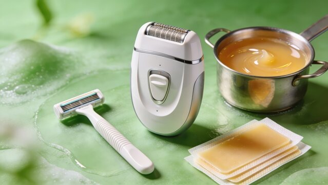 Contemporary hair removal device with blade, wax, and strips on green backdrop.