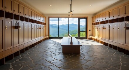 Obraz premium Luxurious locker room with stunning mountain view and wooden lockers, a central bench, and stone floor, offering a serene and upscale retreat.