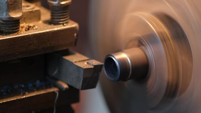 A close-up of a metalworking machine with a spinning metal shaft and a metal rod being machined