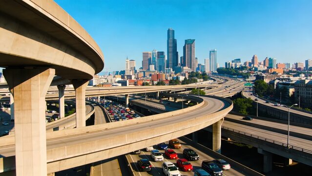 Daytime aerial images of intricate urban overpasses.
