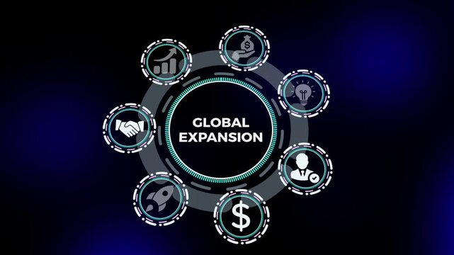 Global expansion concept illustrating international market growth dashboard, business scaling strategy, and corporate outreach visualization.