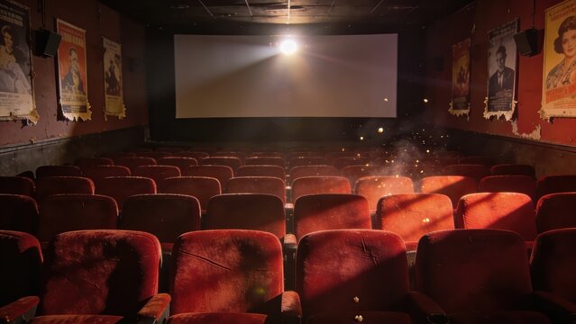 Dim cinema with a spotlight and vacant chairs.