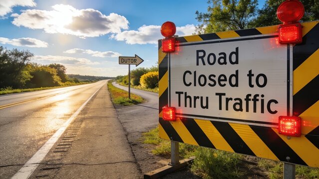 Detour sign on barricade blocking road with reflectors on a sunny day.