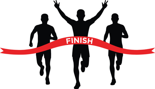 Silhouette of three runners competing in a race with the winner crossing the red finish line ribbon, victory concept