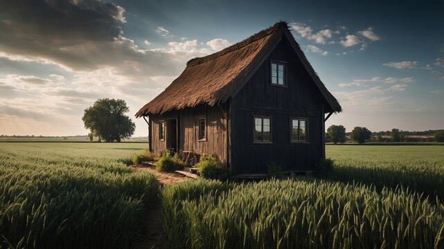 Rustic wooden cottage with thatched roof in a serene green field landscape