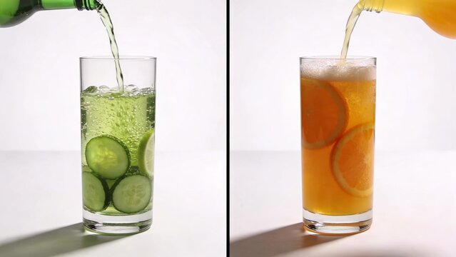 Pouring green cucumber lime and orange citrus cold drinks in tall glasses split-screen fresh smoothies