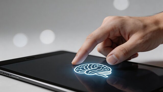 Finger touching glowing brain icon on tablet screen symbolizing AI digital intelligence neural network future technology smart data processing and human computer interaction concepts