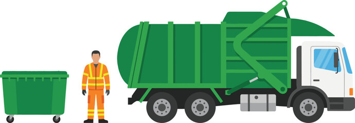 Front load garbage truck with green waste container and worker in safety uniform, professional waste management vector illustration set © Hanifer