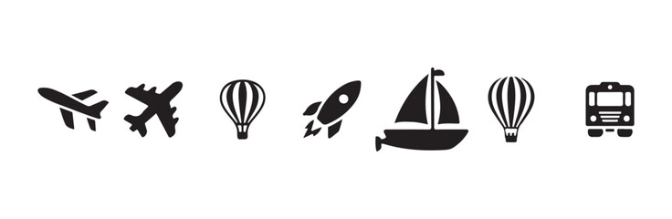 Set of black transport icons including airplanes hot air balloons rocket sailboat and bus © MST